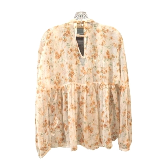 Zara Basic Sheer Orange Floral Long Sleeve Blouse Top Size Small - Picture 3 of 5